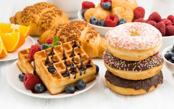 Food Breakfast Waffle Doughnut Croissant Fruit HD Wallpaper | Background Image