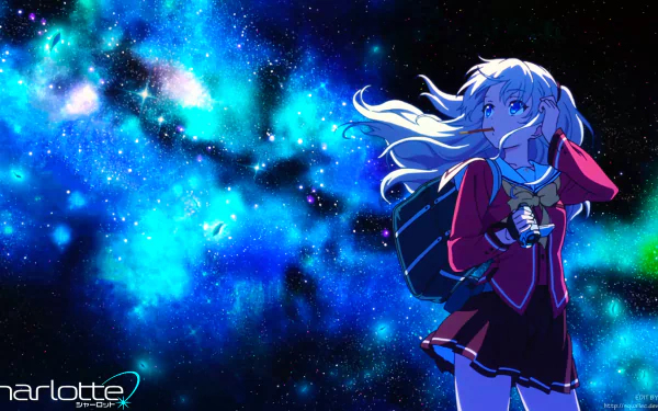 HD desktop wallpaper featuring Nao Tomori from the anime Charlotte, set against a stunning cosmic background with blue and green hues.