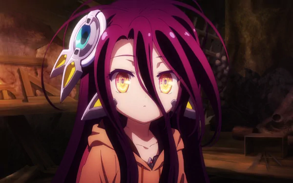 HD desktop wallpaper featuring Shuvi Dola from No Game No Life: Zero anime, showcasing her with vibrant purple hair and expressive yellow eyes.