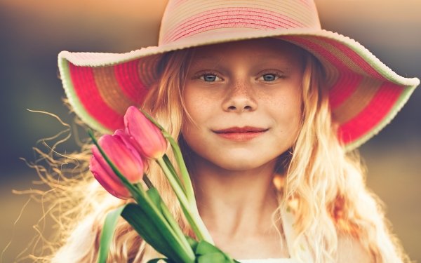 Photography Child Little Girl Freckles Smile Blonde Tulip Hat Blue Eyes HD Wallpaper | Background Image