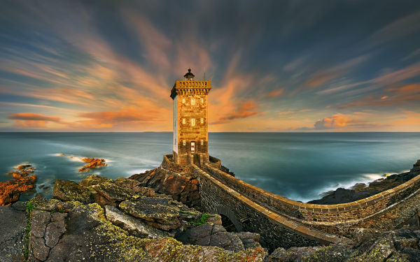 Man Made Lighthouse Stone Coast Ocean Sea Sunset Horizon HD Wallpaper | Background Image