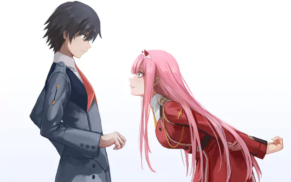 Hiro and Zero Two from Darling in the FranXX anime in a confrontational pose. This HD desktop wallpaper captures the intense connection between the characters in a clear and detailed art style.