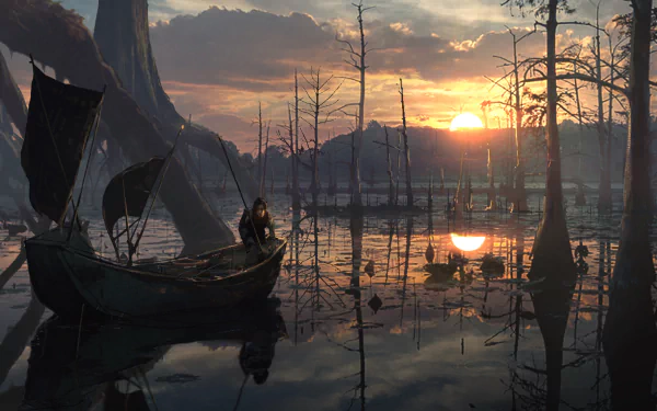A fantasy sunset over a swampy river with silhouetted trees and a small boat reflecting on the water, captured in HD for a PC desktop wallpaper.