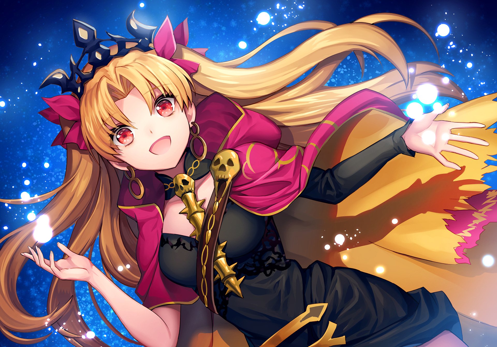 HD PC desktop wallpaper featuring Ereshkigal from Fate/Grand Order in vibrant anime style, with bright colors and dynamic pose against a glowing blue background.