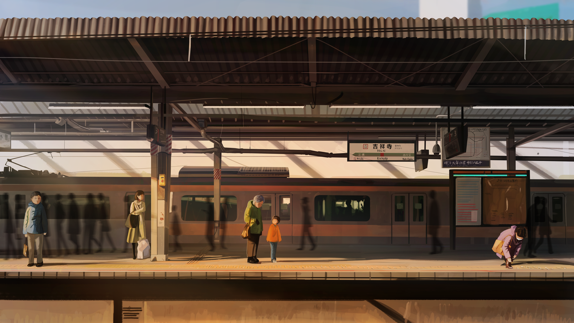 HD anime-style desktop wallpaper depicting a train station with a train and passengers waiting on the platform in an original animated scene.