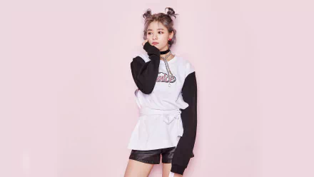 HD desktop wallpaper of Jeongyeon from K-pop group Twice, featuring her short purple hair, brown eyes, and casual black and white outfit.