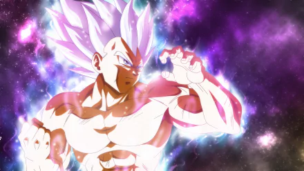 HD wallpaper featuring Vegeta in Ultra Instinct form, a powerful state from Dragon Ball Super, surrounded by a vibrant, cosmic background.