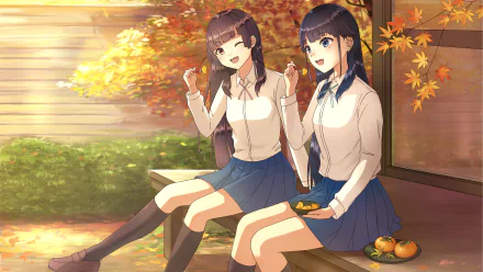 Anime HD PC desktop wallpaper: Astrogirls Shin Amadate and Mahiru Amadate in school uniforms, laughing on a bench amid autumn leaves and a few persimmons.