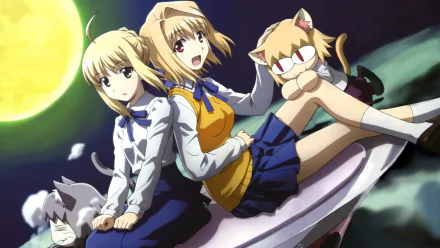HD anime desktop wallpaper featuring Arcueid Brunestud and Saber from Fate Series, alongside characters from Carnival Phantasm under a glowing full moon.