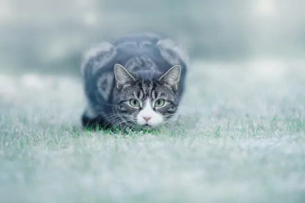 HD desktop wallpaper of a cat staring intently while crouched low in soft-focus grass, capturing a quiet, focused animal moment.
