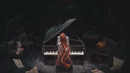 HD wallpaper featuring Monika from Doki Doki Literature Club! playing a piano in a dimly lit room, surrounded by scattered papers and stuffed animals. Dark and atmospheric video game scene.