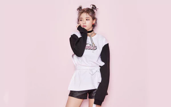 HD desktop wallpaper of Jeongyeon from K-pop group Twice, featuring her short purple hair, brown eyes, and casual black and white outfit.