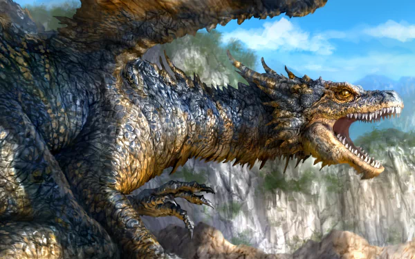 HD desktop wallpaper featuring a fierce, roaring dragon in a fantasy landscape with rocky mountains and a bright blue sky.