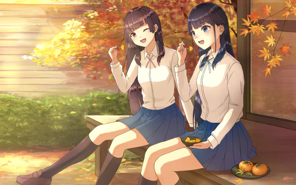 Anime HD PC desktop wallpaper: Astrogirls Shin Amadate and Mahiru Amadate in school uniforms, laughing on a bench amid autumn leaves and a few persimmons.