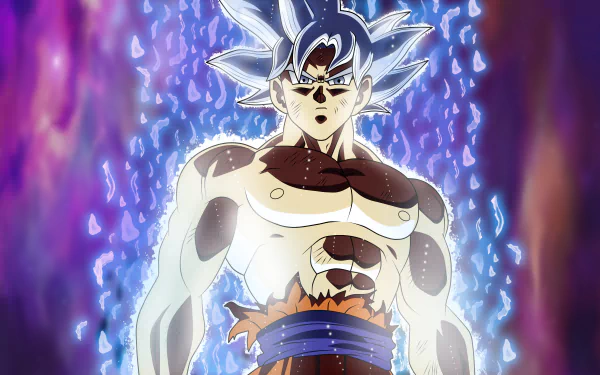 HD desktop wallpaper featuring Goku from Dragon Ball Super in Ultra Instinct form, with an intense aura and vibrant background.