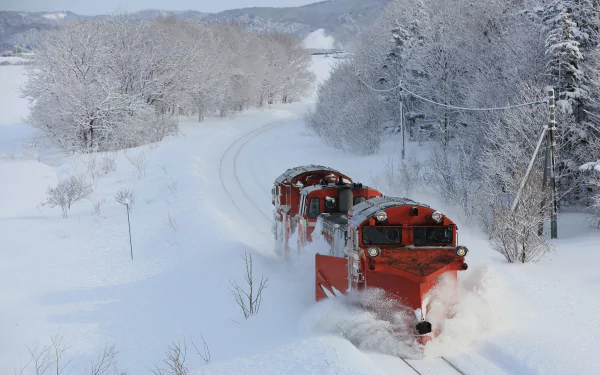 A red locomotive powers through heavy snow in a serene winter landscape, surrounded by snow-covered trees, as captured in this HD desktop wallpaper background.