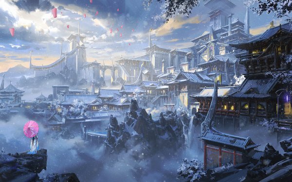 HD fantasy cityscape wallpaper featuring snow-covered buildings under a dramatic sky. The scene exudes a mystical ambiance, with intricate architectural details and a serene winter landscape.