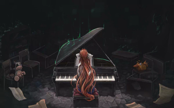 HD wallpaper featuring Monika from Doki Doki Literature Club! playing a piano in a dimly lit room, surrounded by scattered papers and stuffed animals. Dark and atmospheric video game scene.