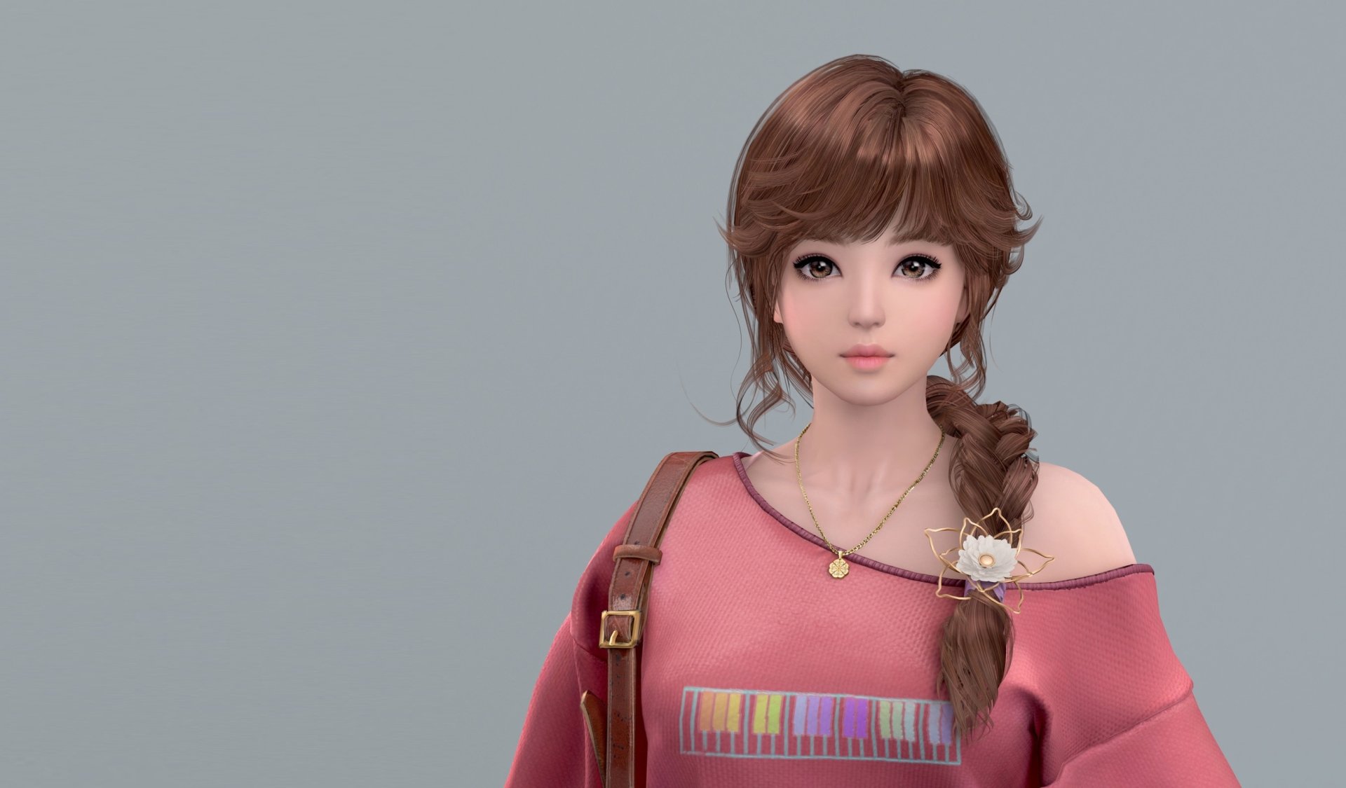 HD artistic portrait of a woman with hazel eyes and brown hair styled in a braid, wearing a pink off-shoulder top against a neutral background.