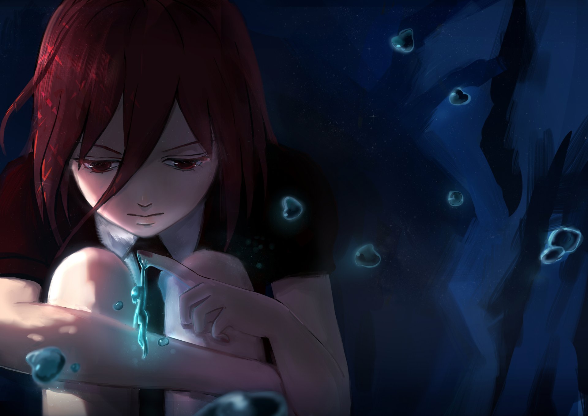 HD PC desktop wallpaper featuring Cinnabar from the anime Land of the Lustrous, depicted with red hair and glowing blue elements in a dark, mysterious setting.