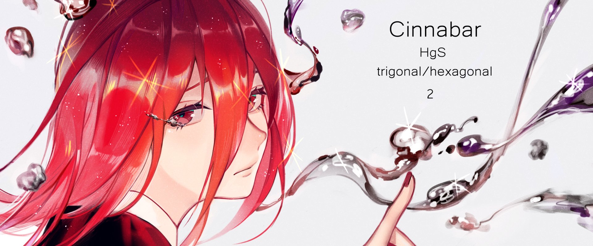 HD PC desktop wallpaper of Cinnabar from Land of the Lustrous (anime): close-up portrait with flowing red hair and silvery, liquid-like tendrils against a clean white background.