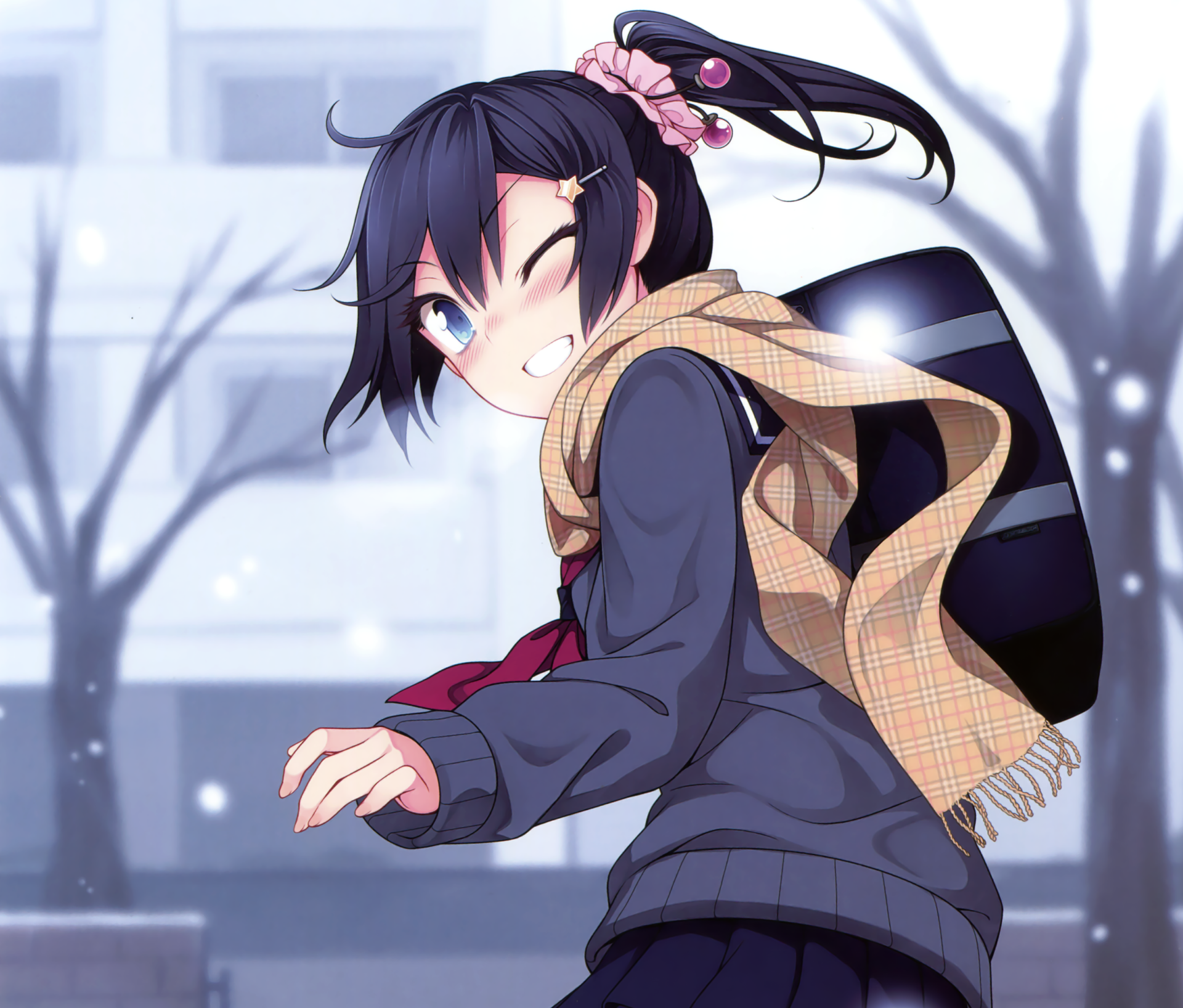 Download Snow Bag Scarf Blue Eyes Black Hair Smile Blush Wink Anime ...