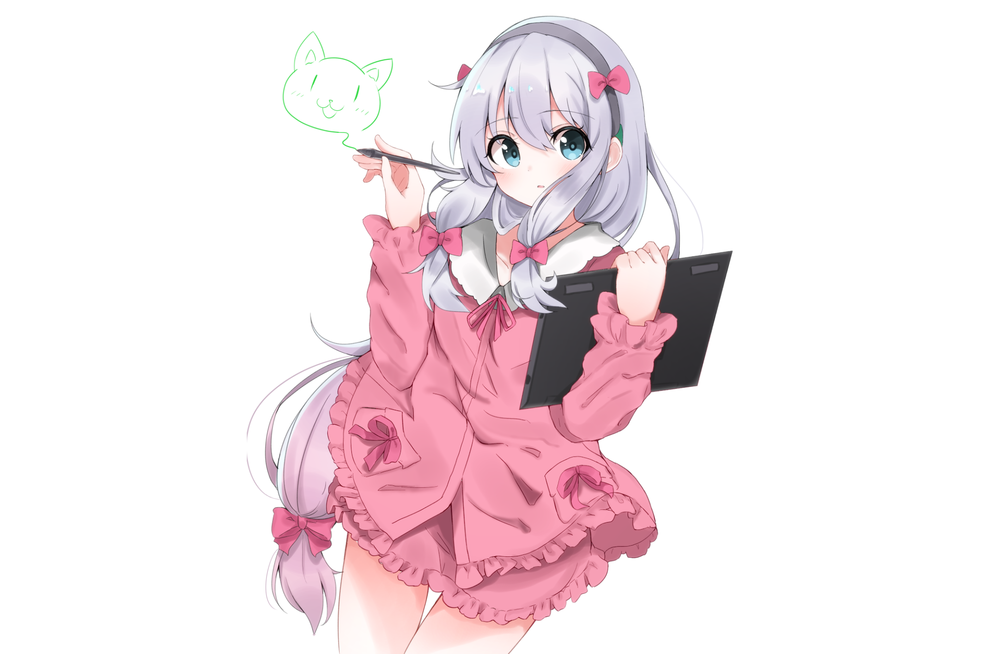 HD anime desktop wallpaper featuring Sagiri Izumi from EroManga-Sensei, holding a tablet and stylus with a cute cat doodle floating beside her.