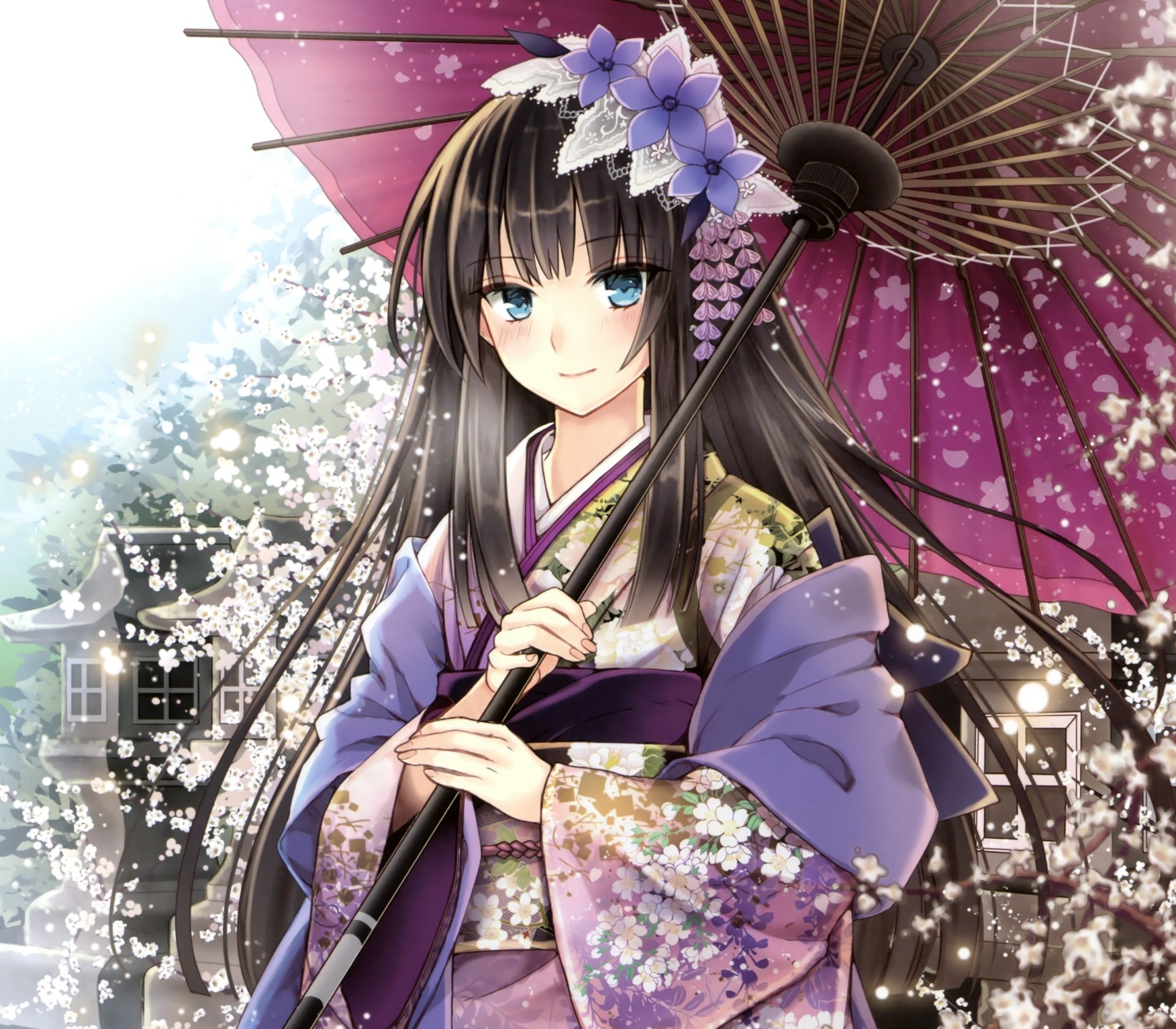 Anime original HD PC desktop wallpaper: smiling long black‑haired girl in a floral kimono and headdress, blushing under a parasol amid falling cherry blossoms.