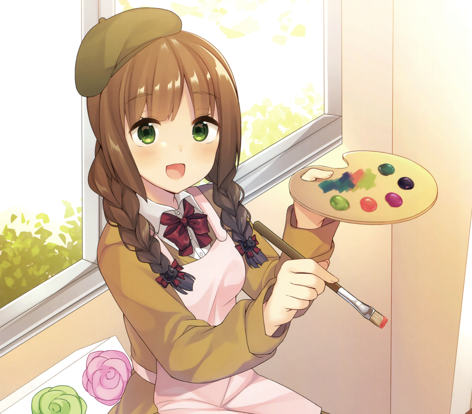 Anime-style HD desktop wallpaper of a smiling girl with long braided brown hair, green eyes, blush, wearing a beret, apron, and bow, holding a paintbrush and palette.