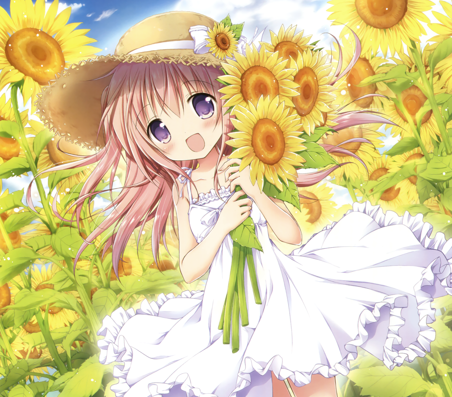 Download Bow (Clothing) Purple Eyes Long Hair Sunflower Smile Hat Anime ...