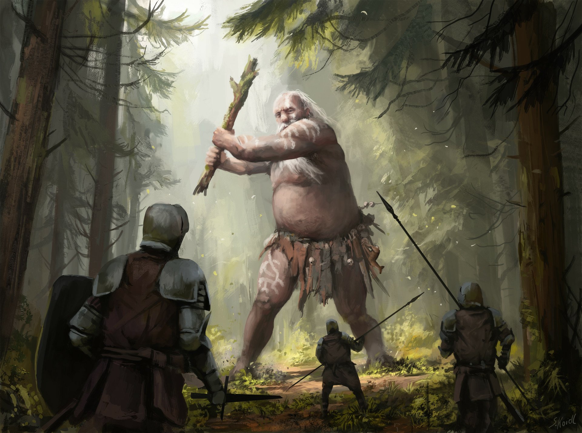 A giant fantasy monster wields a massive club in a forest, facing off against armored knights with lances in this HD fantasy warrior desktop wallpaper.