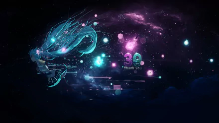 HD PC desktop wallpaper featuring Hatsune Miku in an anime-style, surrounded by neon lights and futuristic elements, celebrating 39 with glowing text in a vibrant Vocaloid theme.
