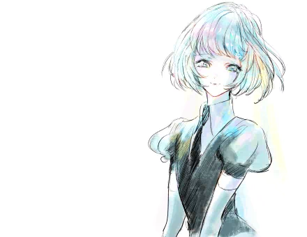 Pastel watercolor portrait of Diamond (Land of the Lustrous), smiling with a short iridescent bob; anime 2K Quad HD PC desktop wallpaper background with ample white space.