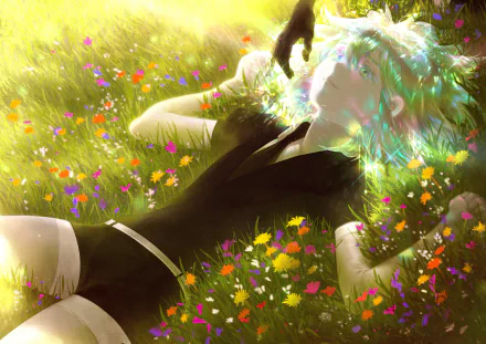 HD desktop wallpaper featuring Diamond from the anime Land of the Lustrous, lying in a meadow of colorful flowers, bathed in soft sunlight.