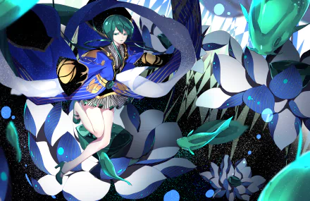 Jade (Land of the Lustrous) anime desktop wallpaper: Jade in a blue ornate outfit with teal hair, surrounded by crystalline petals and gem-like creatures in a dynamic HD PC background.