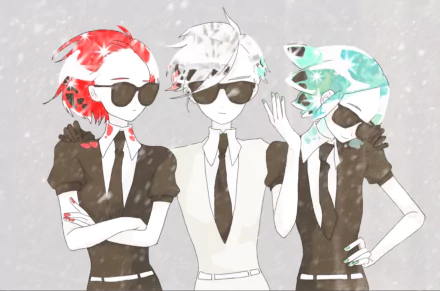 HD anime desktop wallpaper featuring Phosphophyllite, Antarcticite, and Cinnabar from Land of the Lustrous, all wearing black suits and sunglasses in a snowy setting.