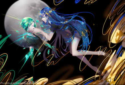 HD anime desktop wallpaper featuring Phosphophyllite and Lapis Lazuli from Land of the Lustrous, showcasing dynamic poses against a dark, celestial background.