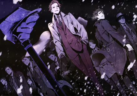 Anime Joker Game: moody 4K Ultra HD PC desktop wallpaper of sharply dressed spies in trench coats and umbrellas, standing in falling snow under a dark sky.