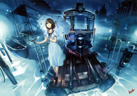 Anime-style HD desktop wallpaper featuring a short-haired girl with black hair and glasses holding an umbrella, standing near a tram and a boat in a moody, blue-toned setting.