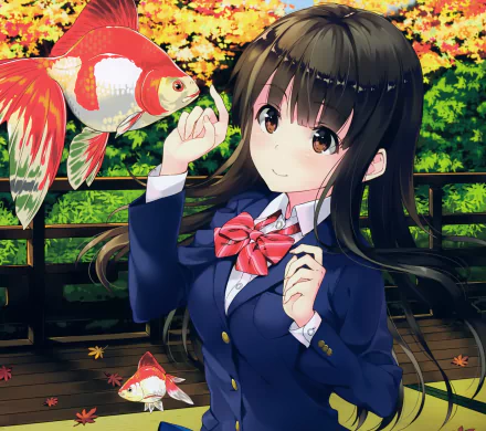 Anime-style girl with long black hair, brown eyes, and a red bow smiles gently while holding a goldfish near a tree in this HD desktop wallpaper.