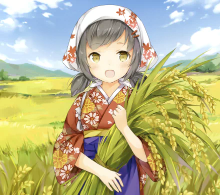 A smiling anime girl with twintails and yellow eyes holds corn in a field, wearing a floral kimono and a headscarf. The background features vast fields under a clear blue sky.