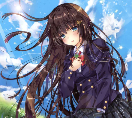 Anime-style girl with long brown hair, green eyes, and a blush smile, wearing a bow and holding a clover against a bright blue sky background.