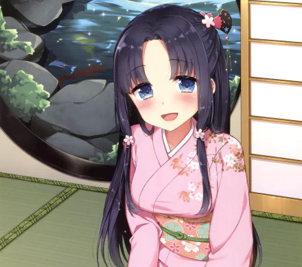 flower blush blue eyes lake kimono smile black hair long hair Anime Original HD Desktop Wallpaper | Background Image