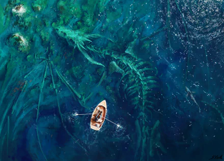 HD fantasy wallpaper featuring a small boat rowing over the skeletal remains of a gigantic dragon in deep blue waters.