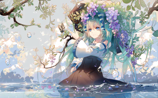 A vibrant HD desktop wallpaper featuring the anime character Hatsune Miku from Vocaloid, surrounded by lush, colorful flowers and serene water reflections.