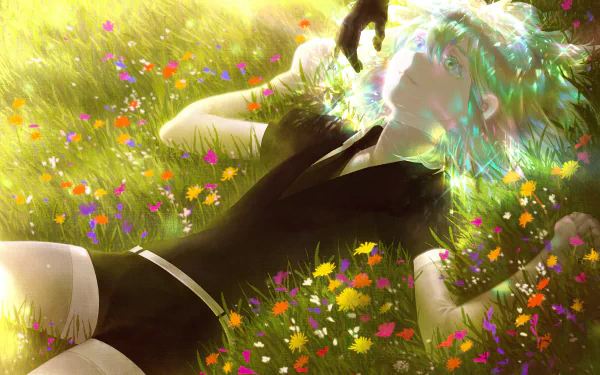 HD desktop wallpaper featuring Diamond from the anime Land of the Lustrous, lying in a meadow of colorful flowers, bathed in soft sunlight.