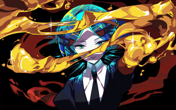 HD desktop wallpaper of Phosphophyllite from the anime Land of the Lustrous. The character is depicted with vivid colors and dynamic elements, conveying a sense of action and intensity.