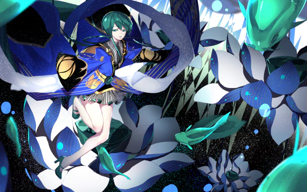 Jade (Land of the Lustrous) anime desktop wallpaper: Jade in a blue ornate outfit with teal hair, surrounded by crystalline petals and gem-like creatures in a dynamic HD PC background.