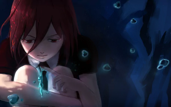 HD PC desktop wallpaper featuring Cinnabar from the anime Land of the Lustrous, depicted with red hair and glowing blue elements in a dark, mysterious setting.