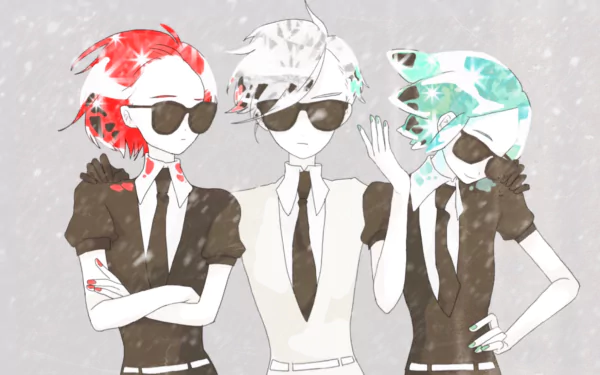 HD anime desktop wallpaper featuring Phosphophyllite, Antarcticite, and Cinnabar from Land of the Lustrous, all wearing black suits and sunglasses in a snowy setting.